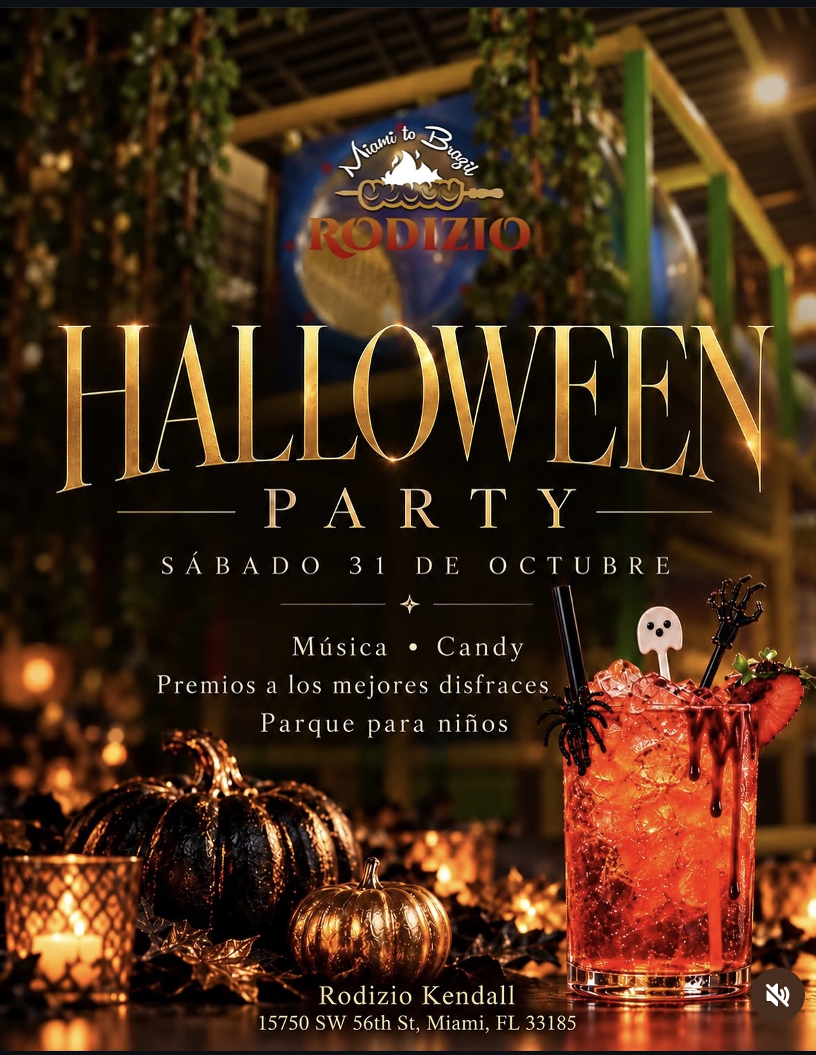 Miami to Brazil Rodizio Kendall Halloween Party flyer: October 31, music, candy, costume prizes and a children's park.